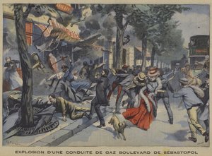 Explosión de una tubería de gas en el Boulevard de Sébastopol, París de French School