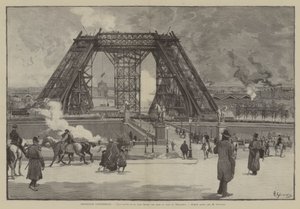 Exposición Universal, estado actual de la Torre Eiffel, vista tomada desde el parque del Trocadero (grabado)
