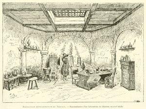 Exposición retrospectiva del Trabajo, reconstrucción de un laboratorio de químico en el siglo XVII (grabado) de French School