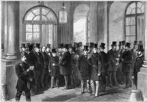 Extensión del mandato presidencial del mariscal de Mac-Mahon, establecimiento del septenato en Francia, noviembre de 1873: vista de la puerta de entrada de la Asamblea de Versalles, el día de la discusión de la prórroga. de French School