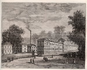 Vista exterior de la Fábrica Imperial de Porcelana de Sèvres, construida en el parque de Saint Cloud según los planos del arquitecto Laudin - grabado en 