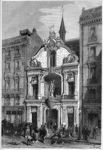 Vista exterior del hotel del periódico "Le Figaro" en París en el 26, rue Drouot. Grabado en "Le Monde Illustré" n°888 del 18 de abril de 1874. de French School
