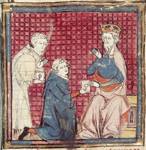 F.117r Mensajeros informando a Carlomagno de la victoria sobre los sarracenos, de las Grandes Crónicas de Francia, 1375-79 de French School