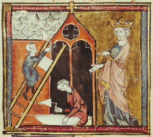 F.235v El rey Luis VI (1080-1137) observando la construcción de una iglesia, de las Grandes Crónicas de Francia 1375-79