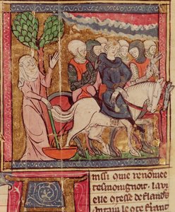 F.288r Fernando de Portugal (1186-1233) Conde de Flandes llevado prisionero a París después de la Batalla de Bouvines, 27 de julio de 1214, Grandes Crónicas de Francia, 1375-79 de French School