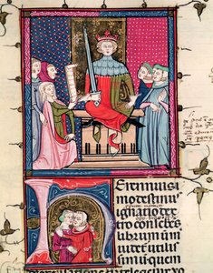 F.39r Ley Conyugal, una esposa adúltera apareciendo en la corte, de Justiniani in Fortiatum