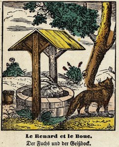 Fábulas de La Fontaine: el zorro y el buen. Imagen de Epinal, primera mitad del siglo XIX de French School