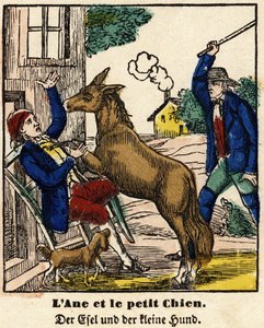 Fábulas de La Fontaine: el burro y el perrito. Imagen de Epinal, primera mitad del siglo XIX de French School