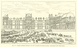 Fachada occidental del Louvre hacia 1660, facsímil de un dibujo de la época, comunicado por M Albert Lenoir