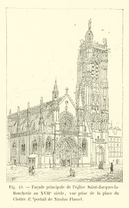 Fachada principal de la iglesia Saint-Jacques-la-Boucherie en el siglo XVII, vista tomada desde la place du Cloître, portada de Nicolas Flamel de French School
