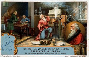 Químicos famosos: Albrecht von Bollstadt conocido como Alberto Magno o Albertus Magnus (1206 - 1280), hermano dominico, químico y alquimista alemán profesor de Tomás de Aquino puede ser representado como aprendiz en la imagen de French School