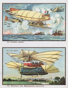 Representaciones fantásticas de una batalla aérea y de una aeronave para transportar carga en el año 2000, c.1910 de French School