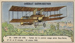Farman realizando el primer vuelo en avión de campo a través en Europa, de Bouy a Reims, Francia, 30 de octubre de 1908 de French School