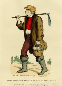 Traje de campesino del siglo XVII al XVIII. Grabado en color después de un dibujo de Chevignard, en “Francia y los franceses a través de los siglos” de Augustin Challamel, editor F. Roy, París 1882. Colección Selva de French School