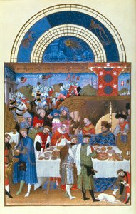 Facsímil de enero: escena de banquete por los hermanos Limbourg, de las Très Riches Heures du Duc de Berry