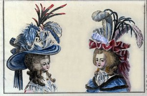 Moda del siglo XVIII: peinados y sombreros de mujeres francesas alrededor de 1787. de French School