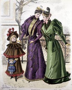 Moda: 2 mujeres y una niña con una muñeca. 1892 de French School
