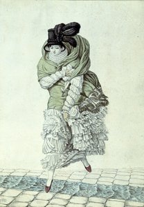 Lámina de moda que representa a una dama cruzando un arroyo de aguas residuales, 1811 de French School