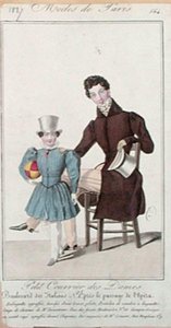 Placa de moda que representa atuendos para un padre y su hijo, anuncio para el 
