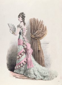 Placa de moda de una mujer en vestido de noche y con un abanico, 1877
