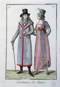 Moda bajo el Directorio: una pareja de elegantes parisinos. Litografía anónima de 1795. París, museo del traje de French School