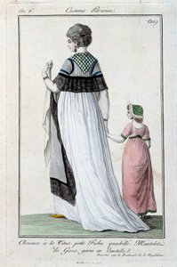Moda bajo el Directorio: joven parisina elegante con el peinado Titus, manto de gasa con encaje. 1797. París, museo del traje de French School