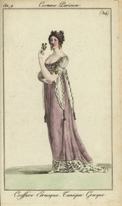 Mujer a la moda con peinado etrusco, túnica de estilo griego de French School