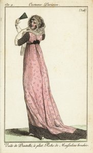 Mujer a la moda con velo de encaje, vestido de muselina de damasco de French School