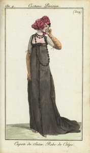 Mujer a la moda con sombrero de satén y vestido de crespón de French School
