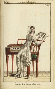 Mujer a la moda tocando un clavecín de French School