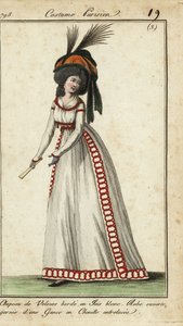 Mujer a la moda con abanico y gran peinado y sombrero de French School