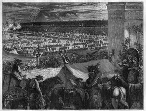 Fiesta de la Federación en el Campo de Marte en París en el primer aniversario de la toma de la Bastilla el 14 de julio de 1790. Grabado en 