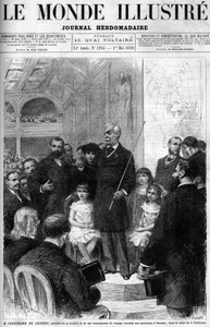 Ferdinand de Lesseps rodeado por su familia y compañeros de viaje, relatando su viaje a Panamá en la Salle de la Sorbonne. Portada de “El Mundo Ilustre” de 1880. de French School