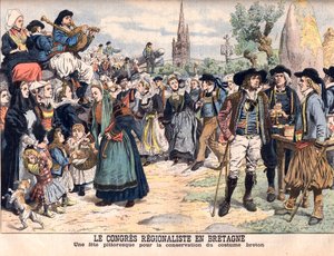 Festival para la conservación del traje tradicional bretón. El Congreso Regional en Bretaña. Una celebración pintoresca para preservar el traje bretón. Ilustración para Le Petit Journal de French School