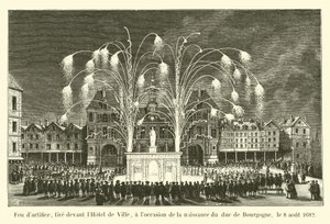 Fuegos artificiales, disparados frente al Hôtel de Ville, con motivo del nacimiento del duque de Borgoña, el 8 de agosto de 1682 de French School