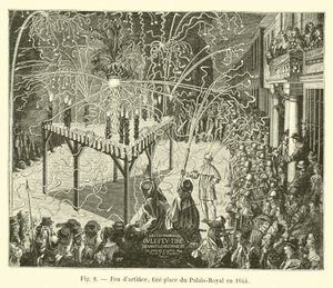 Fuegos artificiales, lanzados en la plaza del Palais-Royal en 1644 de French School