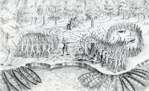 Lucha de Hurones, de Viaje de Champlain en 1624 por Samuel de Champlain de French School