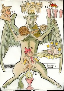 Figura que simboliza al evangelista San Lucas: un toro asociado con la ciudad de Jericó (o Jerusalén), un racimo de uvas, un profeta, el Cristo del Juicio Final aparece con estrellas y rayos de sol, un retrato de un judío, un cáliz. Grabado de 