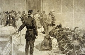 Incendio en el Bazar de la Caridad en París el 4 de mayo de 1897: después de la catástrofe, familias identificando a las víctimas en el Palais de l