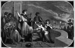 Incendio de Roma. Entre el 18 y el 24 de julio del 64, la ciudad de Roma fue devastada por un gran incendio supuestamente causado por el emperador Nerón para acusar y perseguir a los cristianos. Grabado en “Histoire des Papes-Rois-Queen and Empereurs a tra de French School