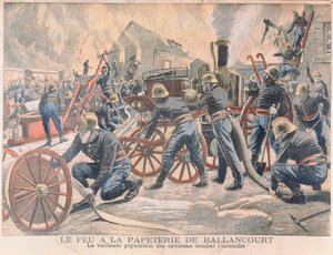 Bomberos combatiendo un incendio en una fábrica de papel en Ballancourt, de Le Petit Journal, 1905 de French School