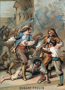 Primera hazaña de René Duguay Trouin (Duguay-Trouin) (René Trouin du Gue dit) (1673-1736), marinero francés: Duguay - Trouin combatiendo Wassenaer (1695). Cromolitografía de la Serie “Patriotic Education through Image”.