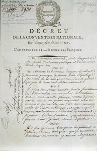 Primera página del decreto de la Convención Nacional del 27/07/1793 que establece el Palais du Louvre como museo de French School