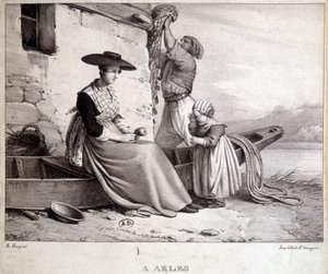 Pescador, su esposa en traje regional y su hijo en Arles