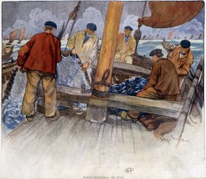 Pescadores vaciando una red a bordo de French School