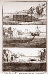 Pesca y fabricación y uso de redes de pesca - La Gran Enciclopedia, o Diccionario Razonado de las Ciencias, las Artes y los Oficios por Denis Diderot (1713-1784) y Jean d