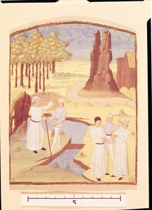 Cinco personas discutiendo sobre diseño de jardines, del Libro de los Beneficios Campestres de Pietro de Crescenzi (1230-132021)
