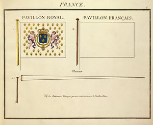 Bandera de Luis XVIII y Carlos X, Reyes de Francia, de Pavillons des Puissances Maritimes (grabado en color) de French School