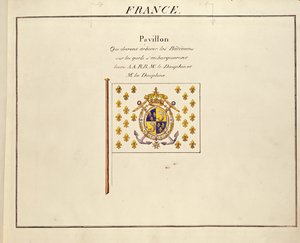 Bandera del Delfín y la Delfina, Luis Antonio y María Teresa de Francia, de Pavillons des Puissances Maritimes, c.1815-30 (grabado en color) de French School