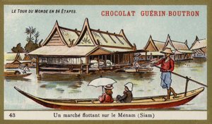 Mercado flotante en el río Menam, Siam de French School